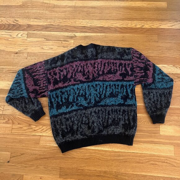 Vintage 90s Grunge "Mohair" Patterned Blue-Purple-Grey Cardigan - Men's XL - Picture 3 of 5